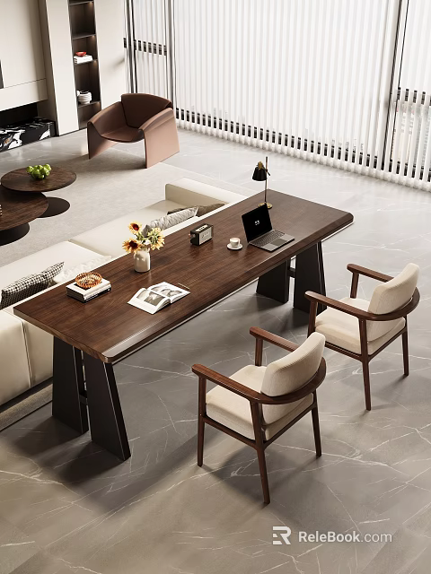 Modern Wooden Desk with Laptop Vase Flowers Magazine Tray and Two Chairs in Living Room 3d model 