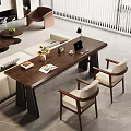Modern Wooden Desk with Laptop Vase Flowers Magazine Tray and Two Chairs in Living Room