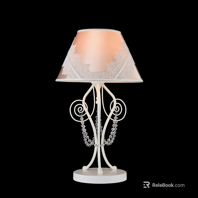 Elegant Table Lamp With Pink Lace Trimmed Lampshade And White Iron Spiral Base 3d model 