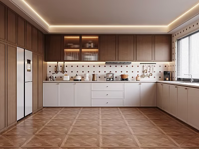 Modern Kitchen Interior With Wooden And White Cabinets Patterned Wooden Flooring And Refrigerator 3d model