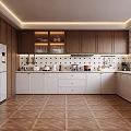 Modern Kitchen Interior With Wooden And White Cabinets Patterned Wooden Flooring And Refrigerator