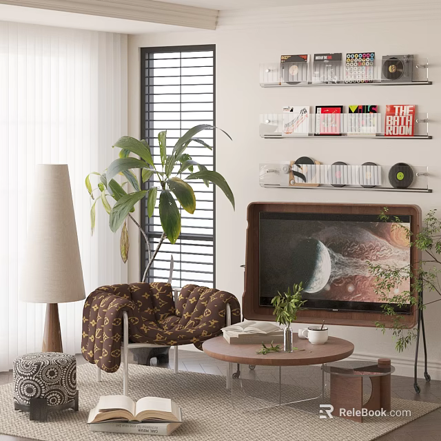 Cozy Accent Chair With Patterned Upholstery In Modern Living Room Setting 3d model 