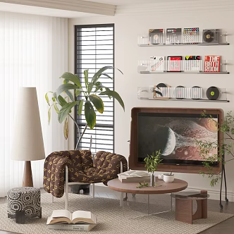 Modern Leisure Chair Leather Chair Floor Lamp Acrylic Disc Wall Removable TV 3d model