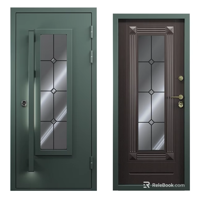 Green And Dark Brown Swing Door With Diamond Patterned Glass Panels And Door Handle 3d model 