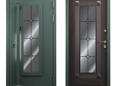 Green And Dark Brown Swing Door With Diamond Patterned Glass Panels And Door Handle 3d model
