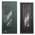 Green And Dark Brown Swing Door With Diamond Patterned Glass Panels And Door Handle