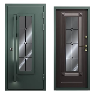 Green And Dark Brown Swing Door With Diamond Patterned Glass Panels And Door Handle 3d model