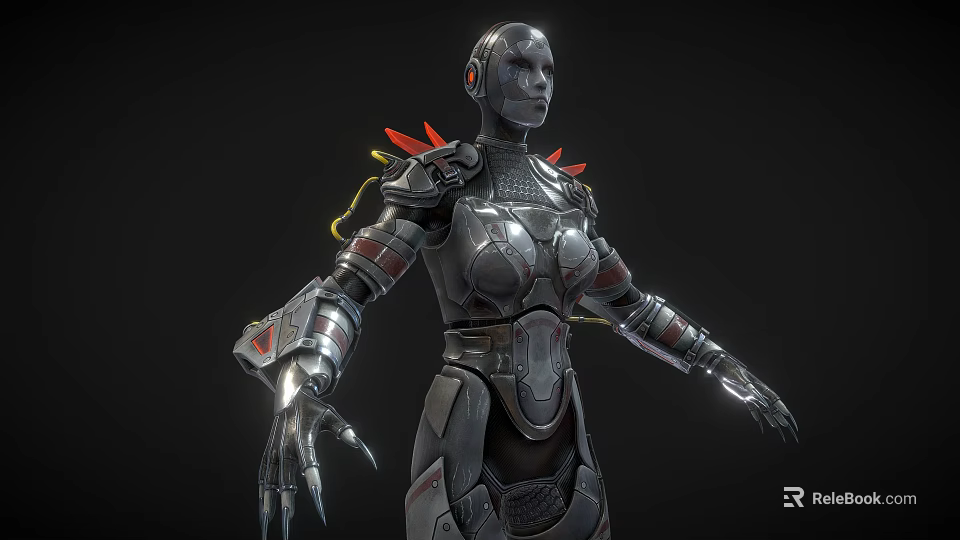 Futuristic Metallic Humanoid Robot With Mechanical Armor Red Shoulder Accents And Clawed Hands 3d model 
