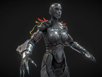 Futuristic Metallic Humanoid Robot With Mechanical Armor Red Shoulder Accents And Clawed Hands 3d model