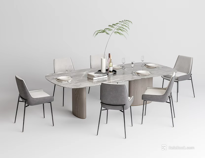 Modern Dining Table Set With Six Gray Chairs Green Plant And Dinnerware On Table 3d model