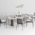 Modern Dining Table Set With Six Gray Chairs Green Plant And Dinnerware On Table 3d model