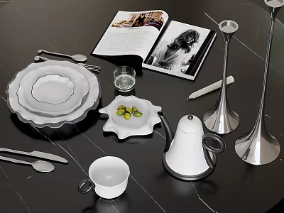 Ornament Decor Combination With White Ceramic Plates Silver Candlesticks Kettle And Open Book On Tabletop 3d model