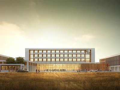 Multi Story Modern School Building With Glass Windows And Open Grassy Area 3d model