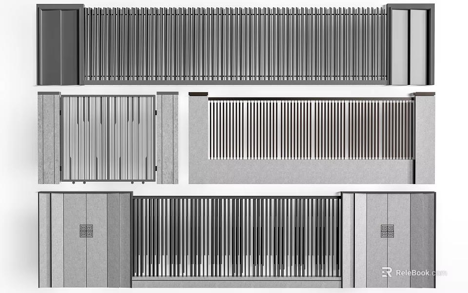 Building Exterior Wall Design With Vertical Slats And Varied Layout Including Entrance And Panel Combinations 3d model 