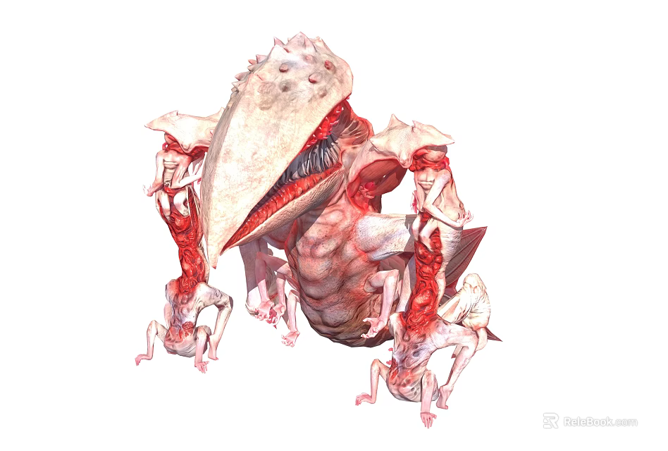 Fantasy Creature With Large Open Mouth And Red Muscular Interior Surrounded By Smaller Creatures 3d model 