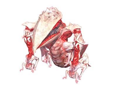Fantasy Creature With Large Open Mouth And Red Muscular Interior Surrounded By Smaller Creatures 3d model