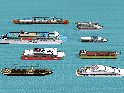 Different Types Of Ships Including Cruise And Cargo On Water 3d model