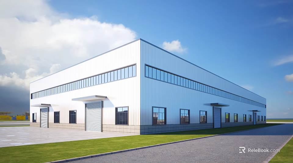 Industrial Factory Building With Modern Steel Structure Large Windows Roll-up Doors And Green Lawn 3d model 