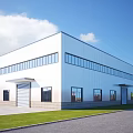 Industrial Factory Building With Modern Steel Structure Large Windows Roll-up Doors And Green Lawn