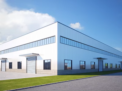 Industrial Factory Building With Modern Steel Structure Large Windows Roll-up Doors And Green Lawn 3d model