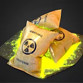 Warning Danger Hazardous Material Bags With Spilled Yellow Substance On Surface