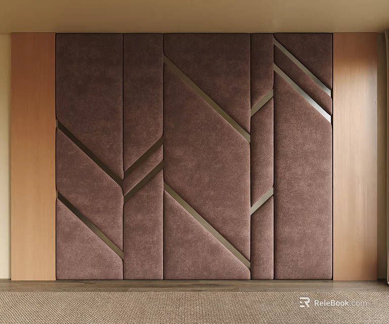 Brown Upholstered Bedroom Accent Wall With Geometric Line Decor And Panels 3d model 