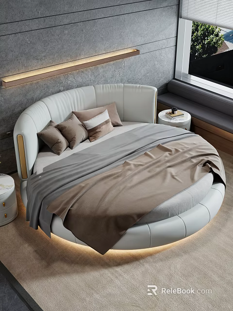 Round Bed With White Headboard Brown Beige Pillows Gray Brown Blanket Modern Bedroom 3d model 