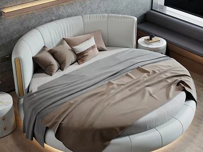 Round Bed With White Headboard Brown Beige Pillows Gray Brown Blanket Modern Bedroom 3d model