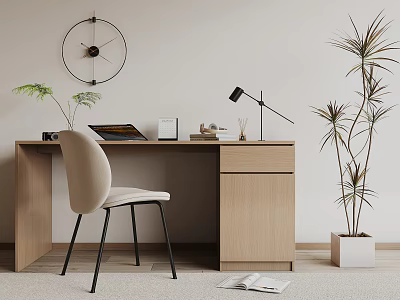 Modern Wooden Desk with Beige Chair Table Lamp Book Wall Clock and Plant 3d model