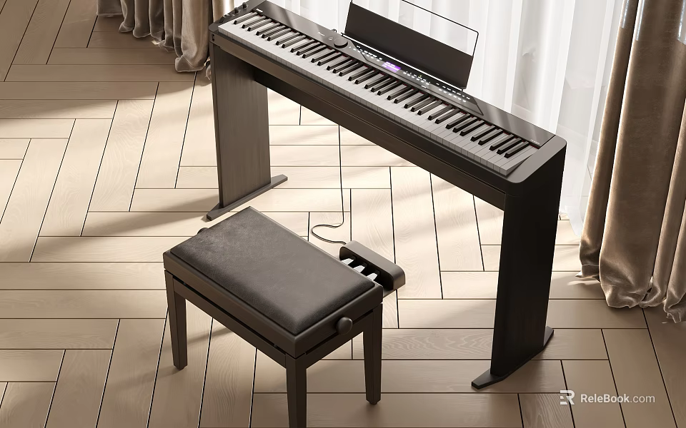 Stylish Musical Instruments Setup With Electric Keyboard Black Stool And Wooden Floor 3d model 