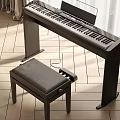 Stylish Musical Instruments Setup With Electric Keyboard Black Stool And Wooden Floor