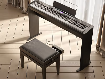 Stylish Musical Instruments Setup With Electric Keyboard Black Stool And Wooden Floor 3d model