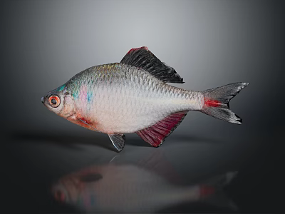 Colorful Ornamental Fish With Silver Body Red Fins And Bright Red Eyes On Dark Surface 3d model