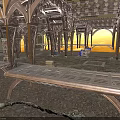 Ornate Arched Metal Structures With Large Workbench Tables And Textured Flooring