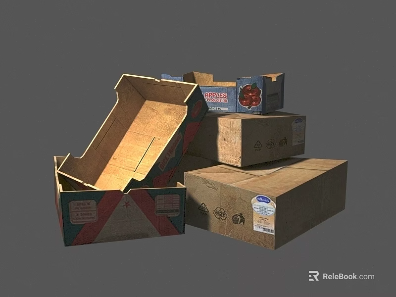 Open And Stacked Cardboard Boxes With Labels And Patterns On Gray Background 3d model