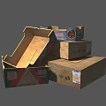 Open And Stacked Cardboard Boxes With Labels And Patterns On Gray Background 3d model
