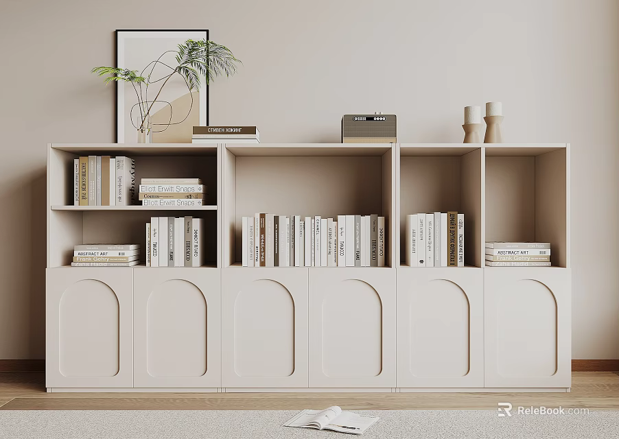 White Storage Cabinet Featuring Upper Bookshelves With Books Lower Arched Doors And Decorative Items 3d model 