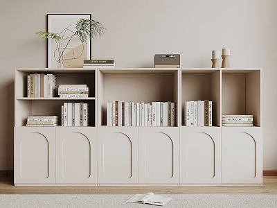 White Storage Cabinet Featuring Upper Bookshelves With Books Lower Arched Doors And Decorative Items 3d model