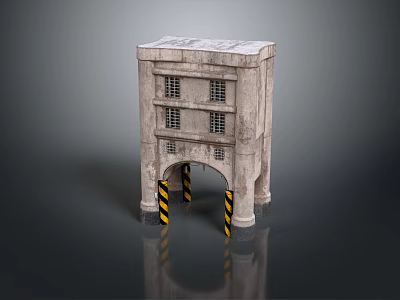 Urban Building With Multi Storey Concrete Exterior Ground Floor Archway And Yellow Black Striped Bollards 3d model