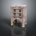 Urban Building With Multi Storey Concrete Exterior Ground Floor Archway And Yellow Black Striped Bollards