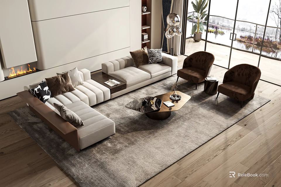 Modern Living Room Sofa And Coffee Table Set With Sectional Throw Pillows And Accent Chairs 3d model 