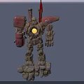 Mech Robot With Glowing Core Red Flag And Rocky Legs Stands By Coastal Bridge