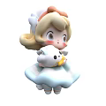 Cartoon Girl With Blonde Curly Hair Cat Ear Hat Holding Small Doll And White Animal