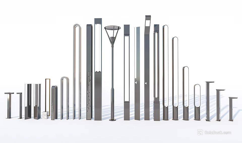 Stylish Outdoor Lights Featuring Various Contemporary Designs And Metal Structures With Different Heights 3d model 