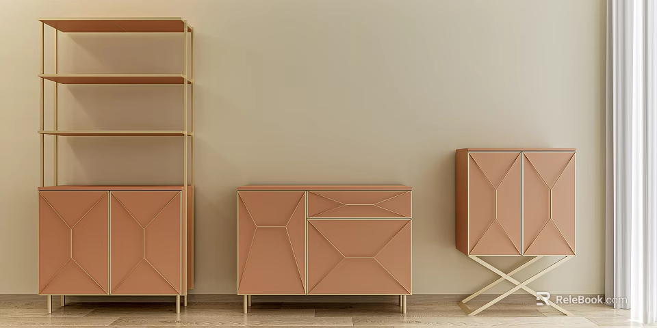 Stylish Pastel Pink Decorative Cabinets With Geometric Panel And Golden Metal Legs 3d model 