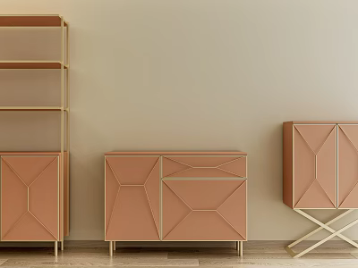 Stylish Pastel Pink Decorative Cabinets With Geometric Panel And Golden Metal Legs 3d model