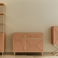 Stylish Pastel Pink Decorative Cabinets With Geometric Panel And Golden Metal Legs