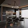 Modern Restaurant Interior Design With Black Cabinets Pendant Light And Dining Table 3d model