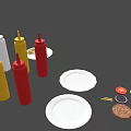 Hamburger With Patty Vegetables And Colorful Sauce Bottles On White Plates