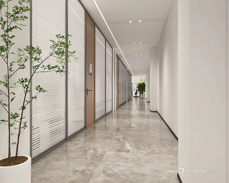 Modern Minimalist Office Corridor Design With Glass Partitions White Walls And Marble Flooring 3d model 